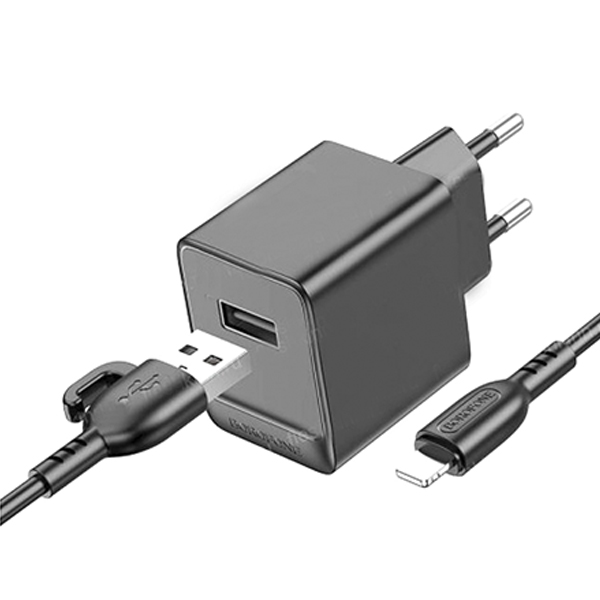 Зарядное устройство сетевое " Borofone " BAS11A Erudite черное, 2,1А, PD, QC, USB, пластик, кабель Lightning, 1м